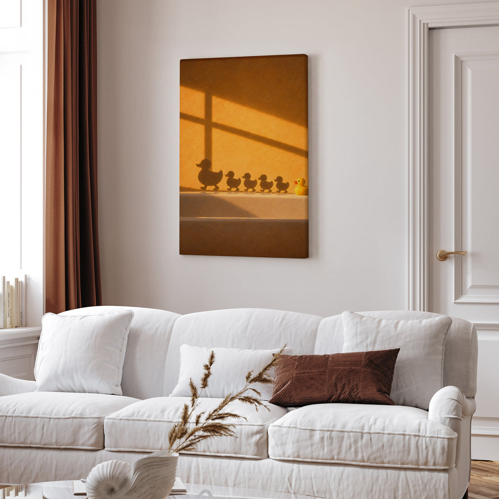 Rush Hour – Duck Bathroom Art with an Amber Wall and Cross Light – Canvas Wall Art
