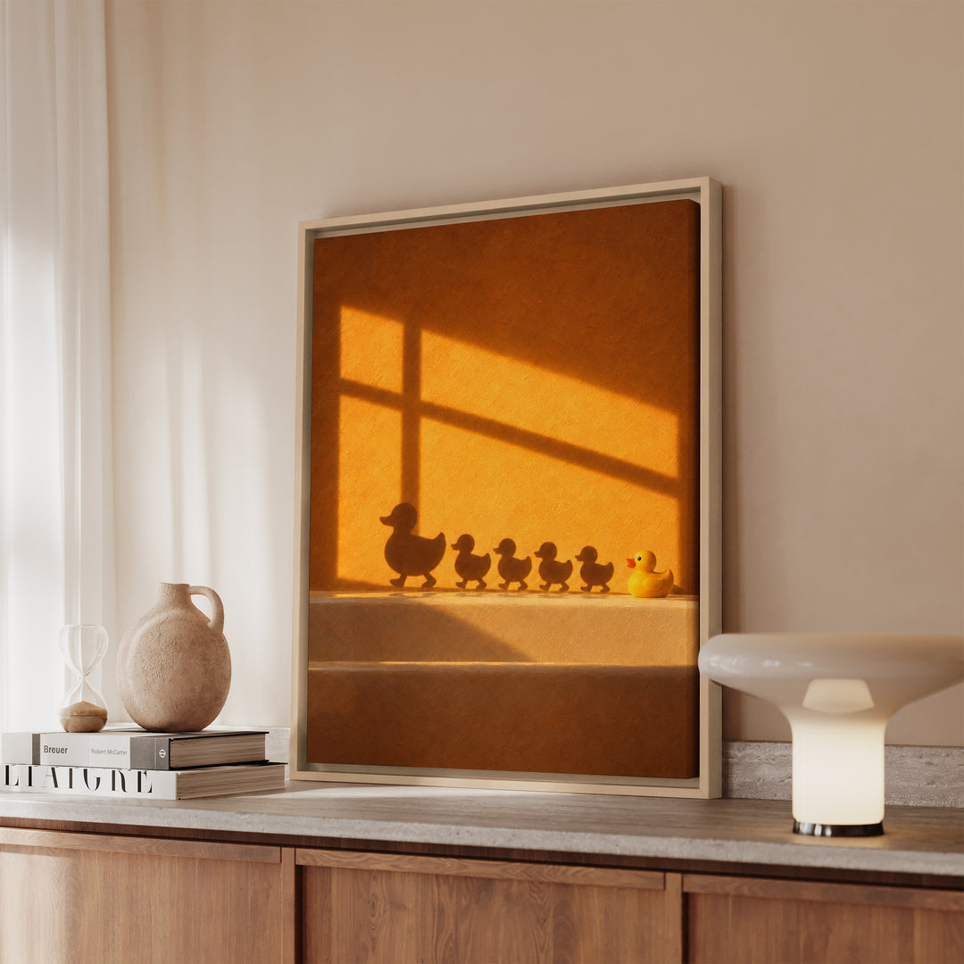 Rush Hour – Duck Bathroom Art with an Amber Wall and Cross Light – Framed Canvas Wall Art