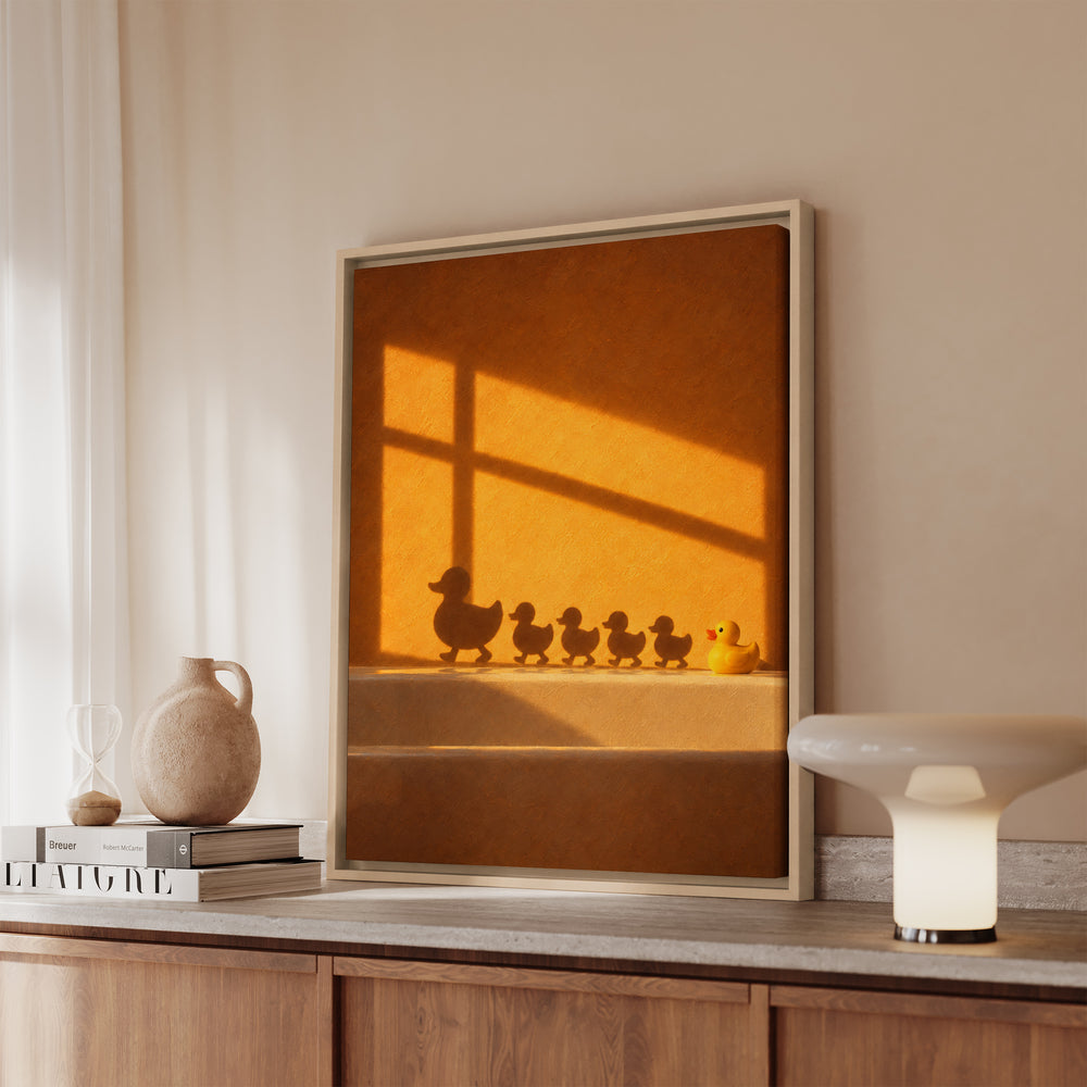 Rush Hour – Duck Bathroom Art with an Amber Wall and Cross Light – Canvas / Framed Canvas