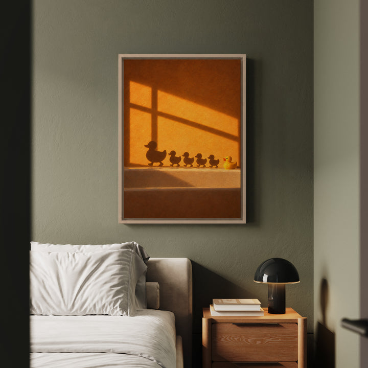 Rush Hour – Duck Bathroom Art with an Amber Wall and Cross Light – Canvas / Framed Canvas