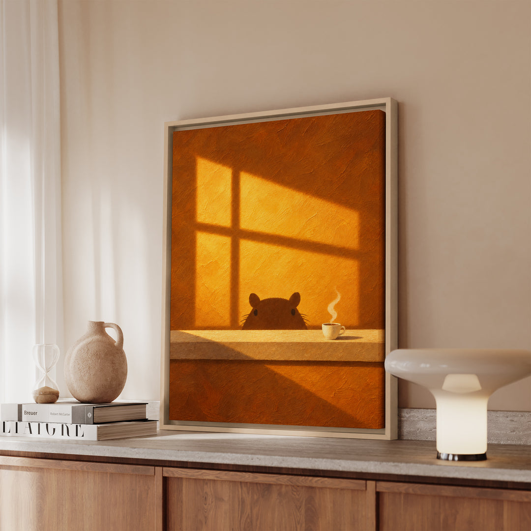 Second Sunrise – Capybara Wall Art with an Amber Wall and Warm Shadows – Framed Canvas Wall Art