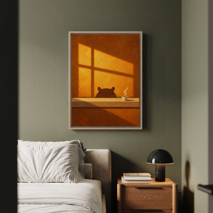 Second Sunrise – Capybara Wall Art with an Amber Wall and Warm Shadows – Framed Canvas Wall Art