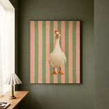 Sunday Best – Goose Art with a Shower Cap on Pink Sage Stripes – Canvas Wall Art