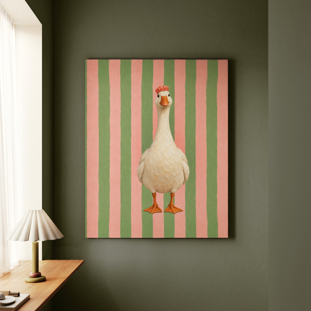 Sunday Best – Goose Art with a Shower Cap on Pink Sage Stripes – Canvas / Framed Canvas