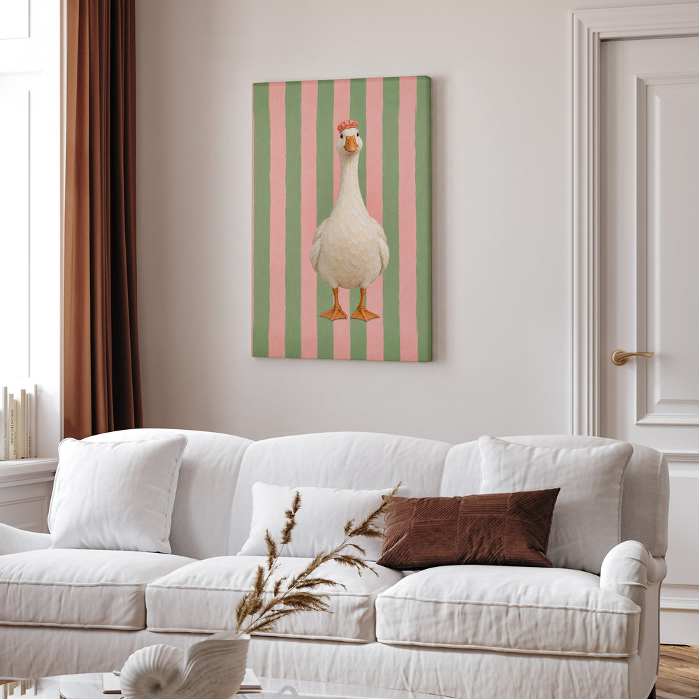 Sunday Best – Goose Art with a Shower Cap on Pink Sage Stripes – Canvas Wall Art