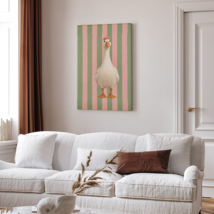 Sunday Best – Goose Art with a Shower Cap on Pink Sage Stripes – Canvas Wall Art