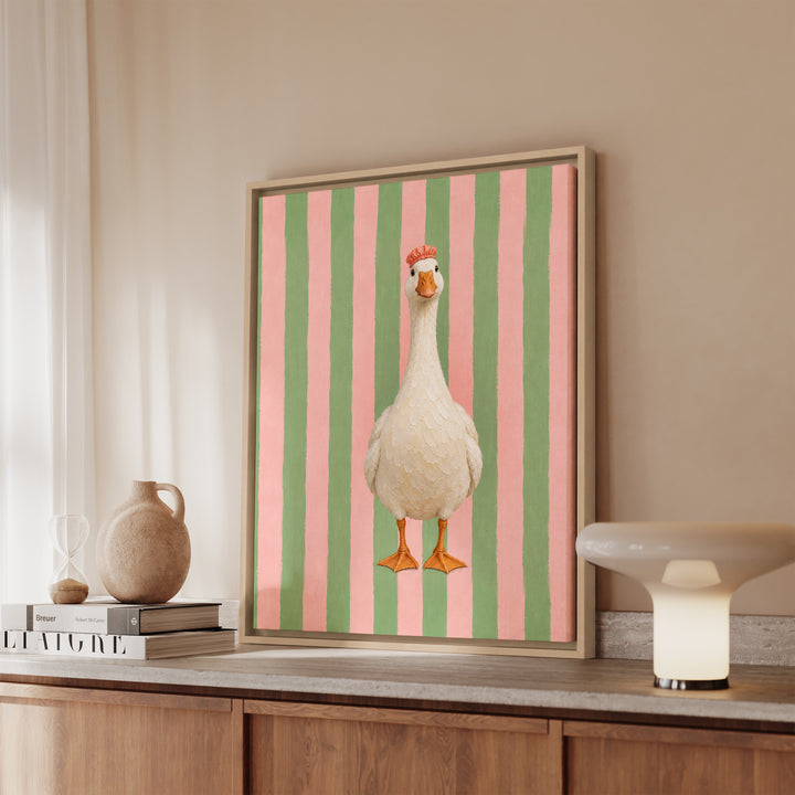 Sunday Best – Goose Art with a Shower Cap on Pink Sage Stripes – Canvas / Framed Canvas