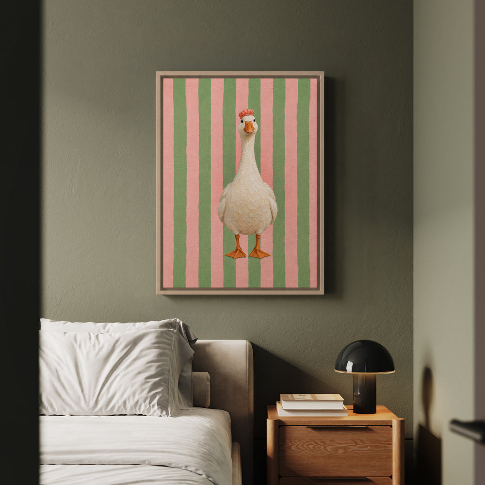 Sunday Best – Goose Art with a Shower Cap on Pink Sage Stripes – Framed Canvas Wall Art