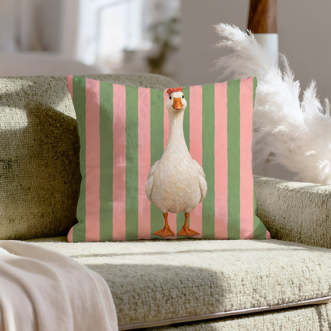 Sunday Best – Goose Decor with a Shower Cap on Pink Sage Stripes – Throw Pillow