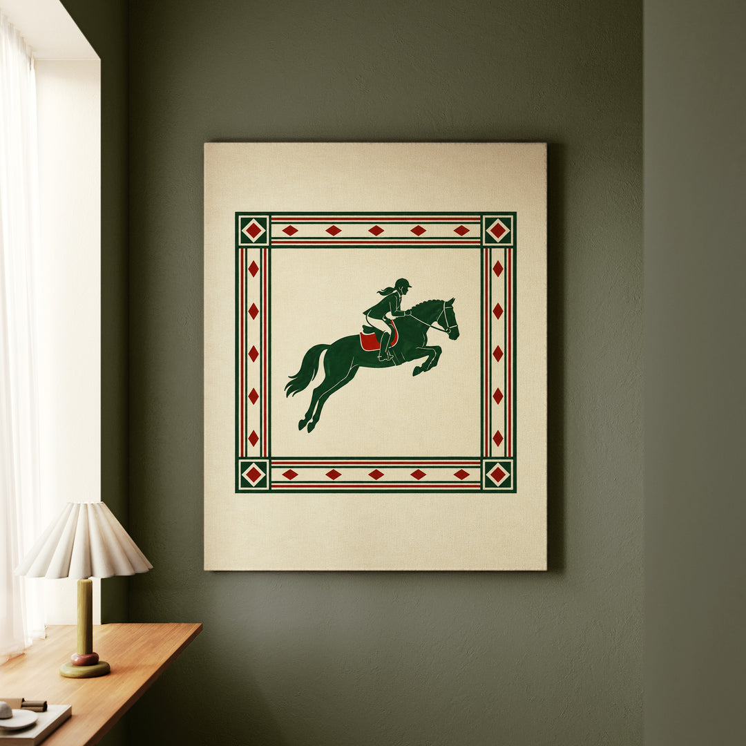 The Steeplechase – Equestrian Decor with an Elegant Silhouette Mid Jump – Canvas Wall Art