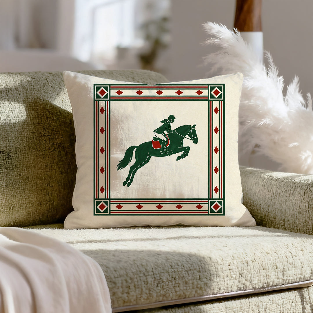 The Steeplechase – Equestrian Decor with an Elegant Silhouette Mid Jump – Throw Pillow