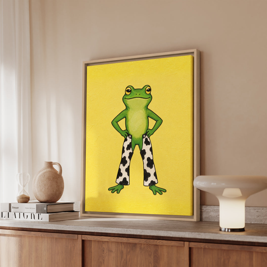 Ranch Dressing – Cowgirl Wall Art with a Frog on Butter Yellow – Framed Canvas Wall Art