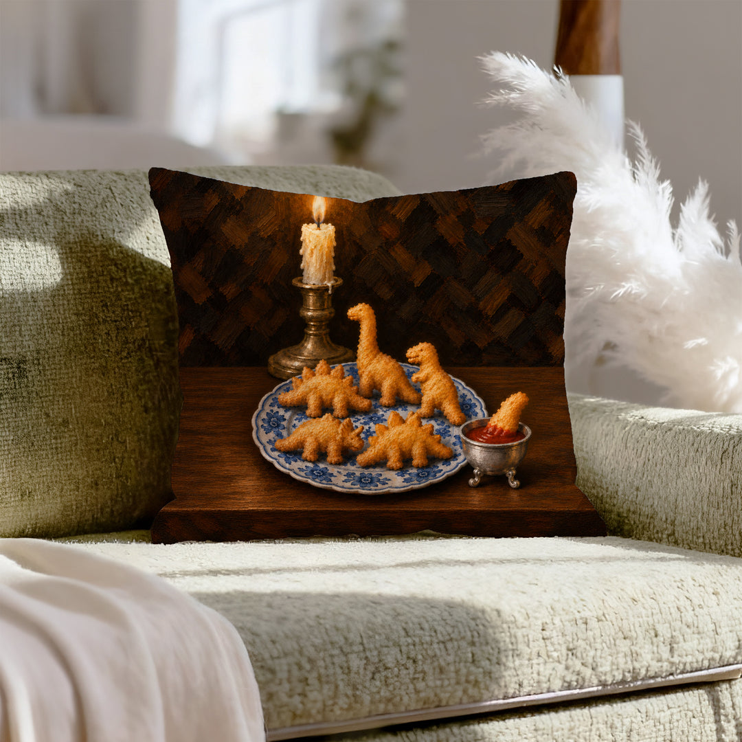 Still Life With Nuggets – Still Life Decor with a Delft Bowl and Candlelight – Throw Pillow