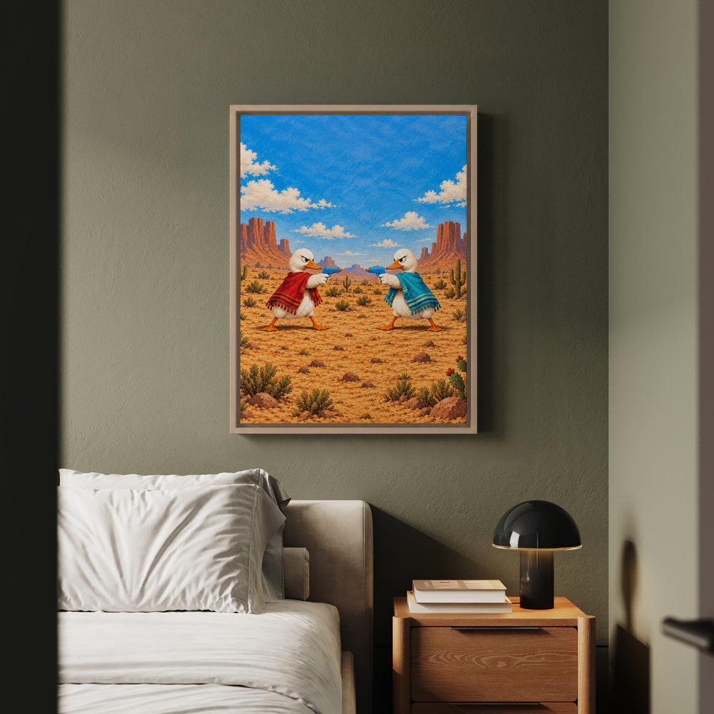 High Noon – Western Wall Art with a Gunslinger in a Tiny Poncho – Framed Canvas
