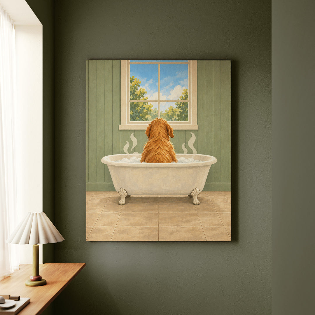 The Sunday Soak – Dog Bathroom Art with a Back View in a Clawfoot Tub – Canvas Wall Art