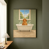 The Sunday Soak – Dog Bathroom Art with a Back View in a Clawfoot Tub – Canvas Wall Art