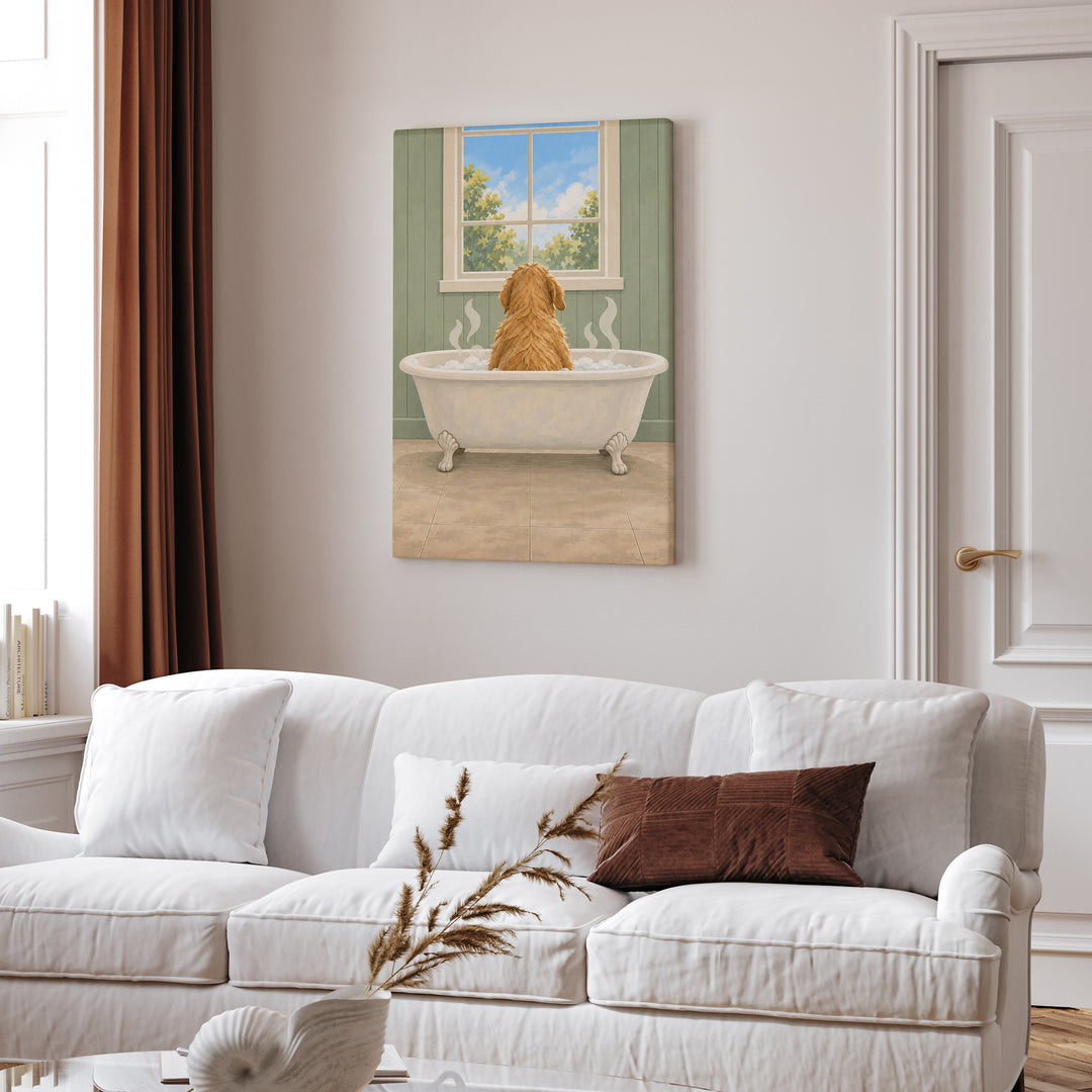 The Sunday Soak – Dog Bathroom Art with a Back View in a Clawfoot Tub – Canvas Wall Art