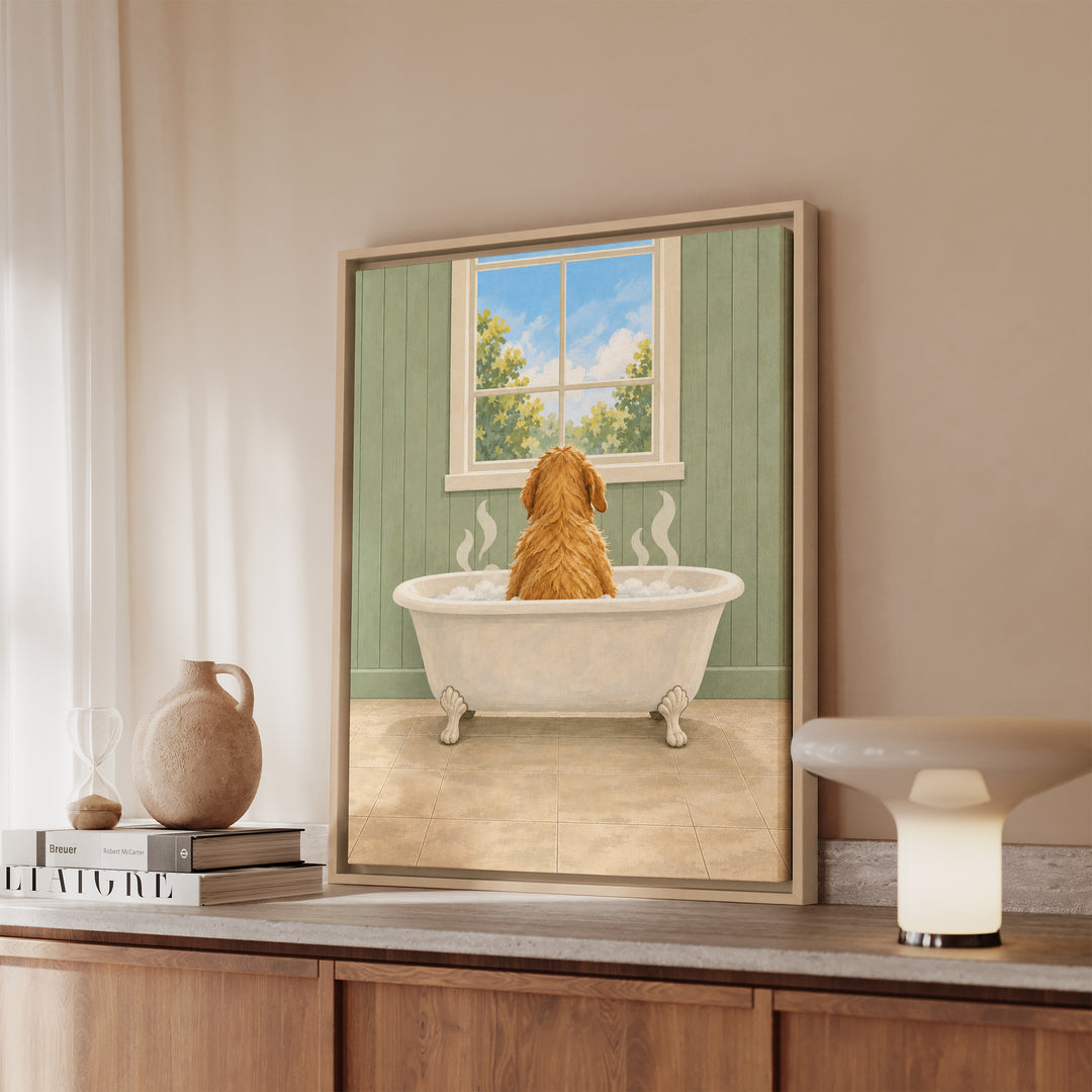 The Sunday Soak – Dog Bathroom Art with a Back View in a Clawfoot Tub – Framed Canvas Wall Art