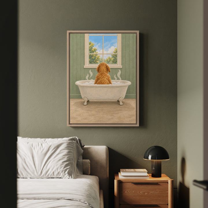 The Sunday Soak – Dog Bathroom Art with a Back View in a Clawfoot Tub – Framed Canvas Wall Art