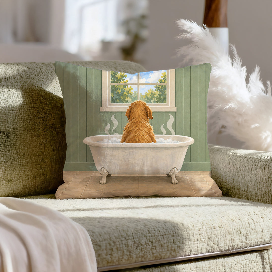The Sunday Soak – Dog Bathroom Decor with a Back View in a Clawfoot Tub – Throw Pillow
