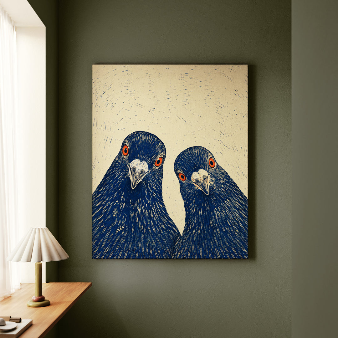 The Committee – Linocut Style Art with Two Pigeons Cropped at Chest – Canvas Wall Art