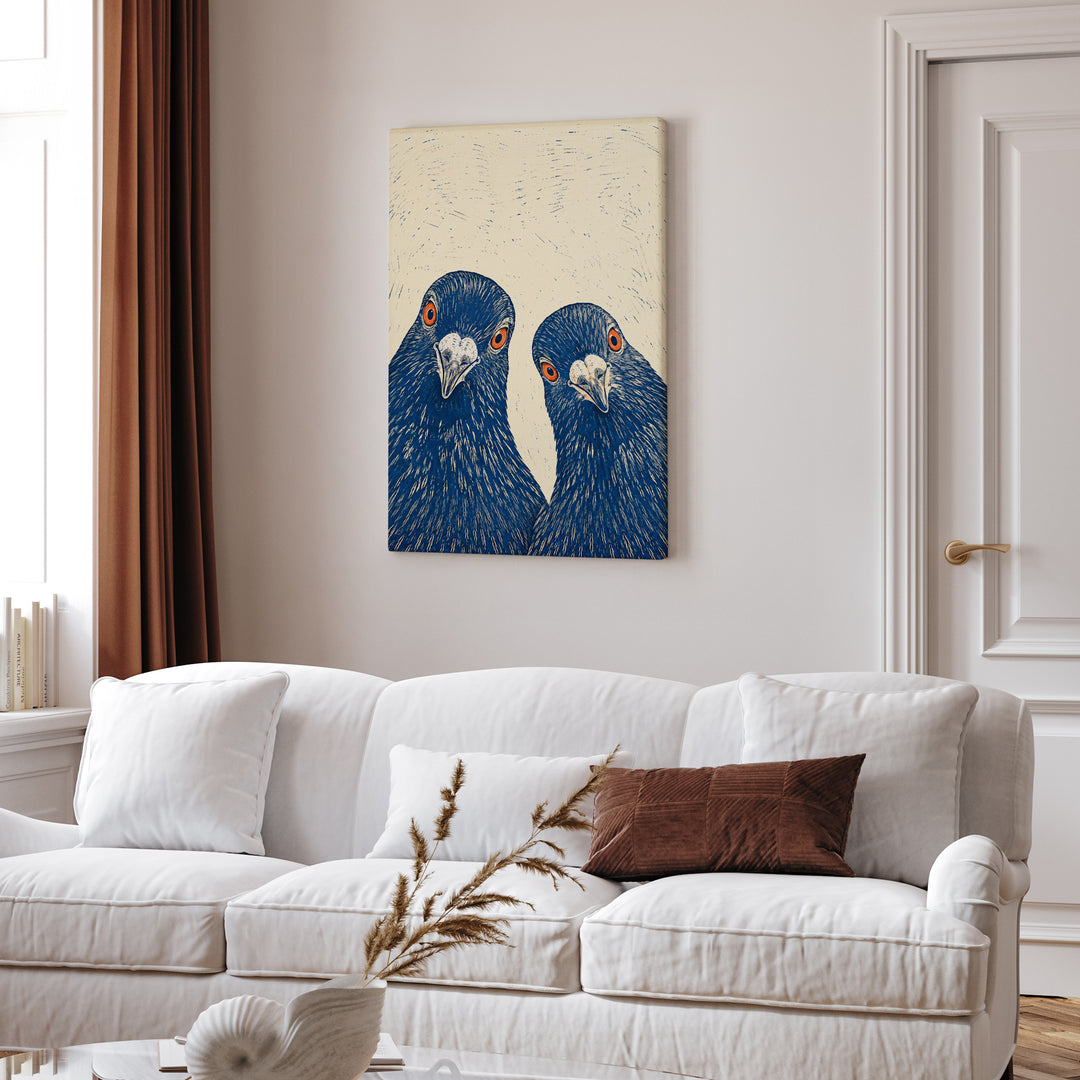 The Committee – Linocut Style Art with Two Pigeons Cropped at Chest – Canvas Wall Art