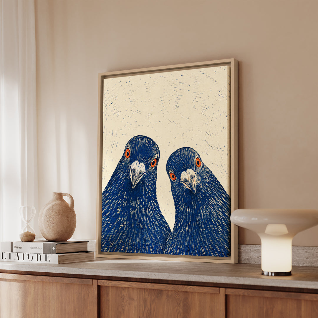 The Committee – Linocut Style Art with Two Pigeons Cropped at Chest – Framed Canvas Wall Art