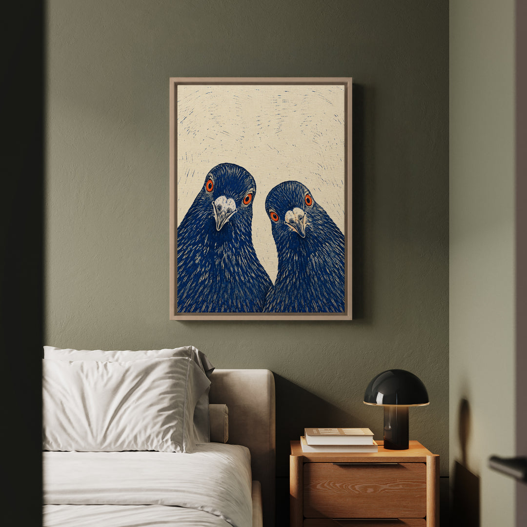 The Committee – Linocut Style Art with Two Pigeons Cropped at Chest – Framed Canvas Wall Art