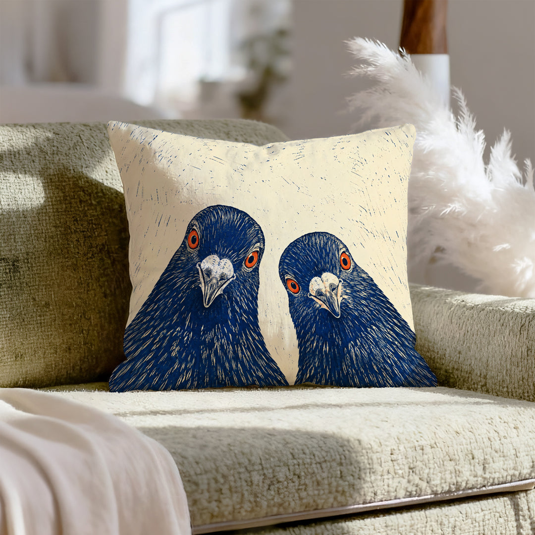 The Committee – Linocut Style Decor with Two Pigeons Cropped at Chest – Throw Pillow