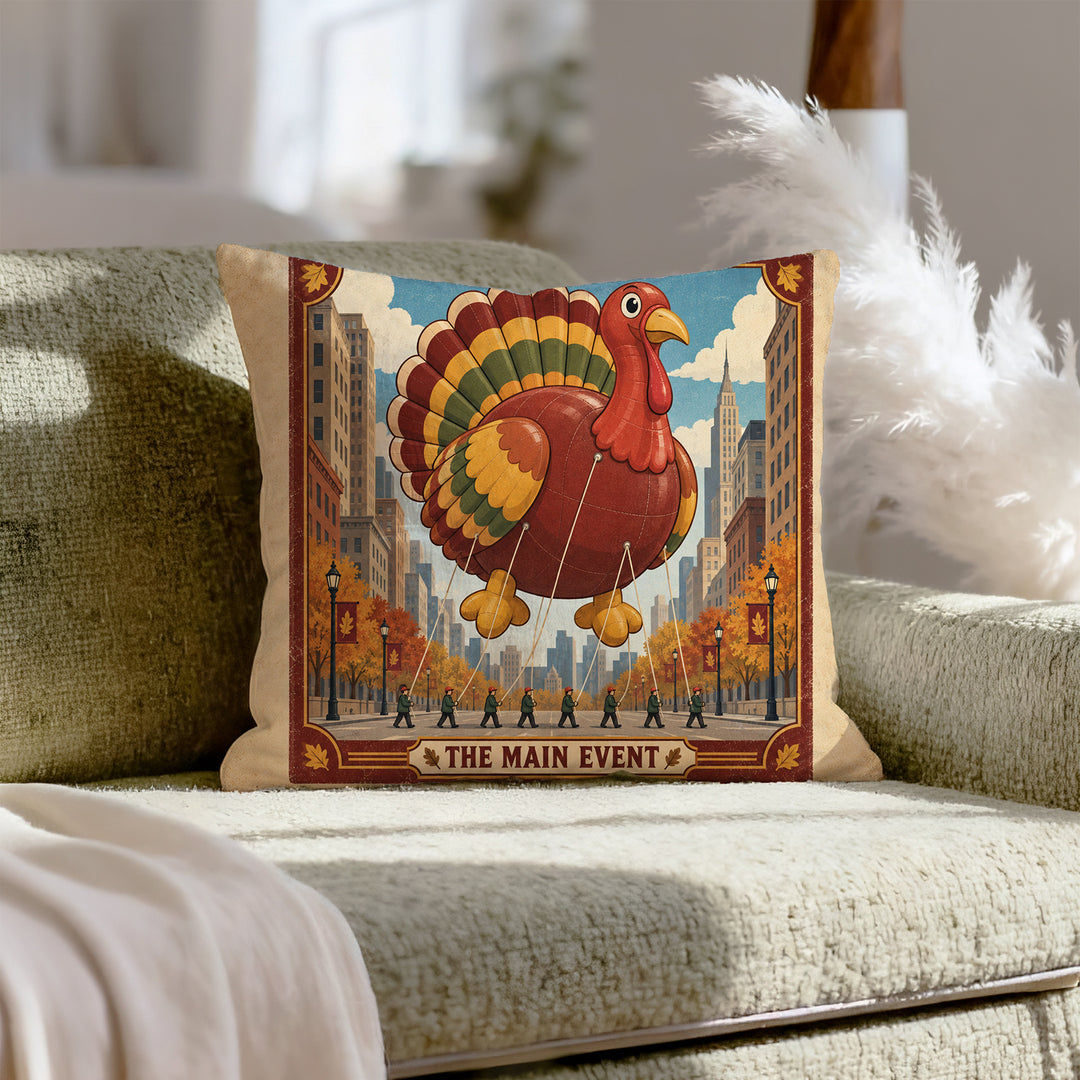 The Main Event – Fall Decor with a Giant Parade Balloon Bird – Throw Pillow