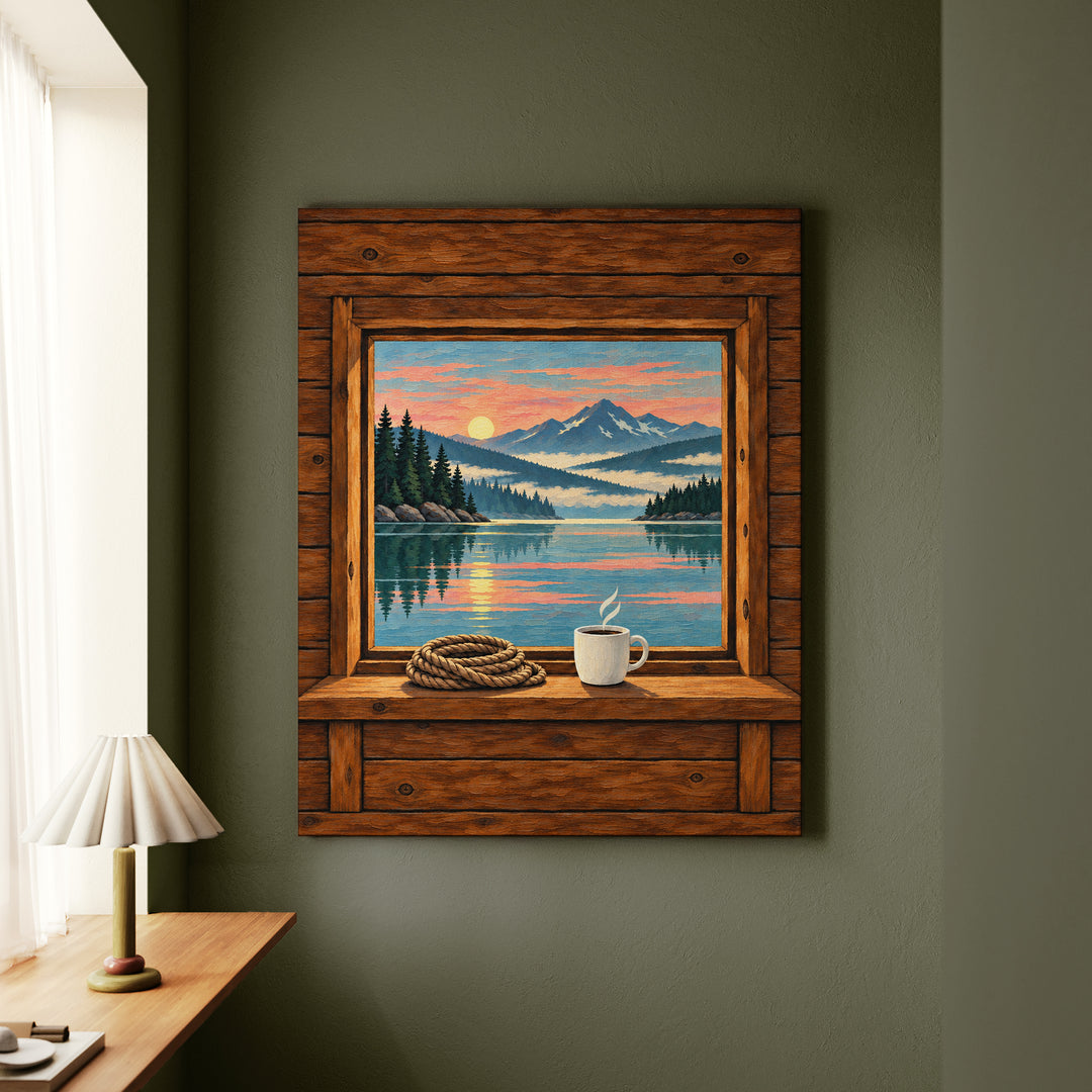 Lake Morning – Lake House Decor with an Open Portal Onto Still Water – Canvas Wall Art