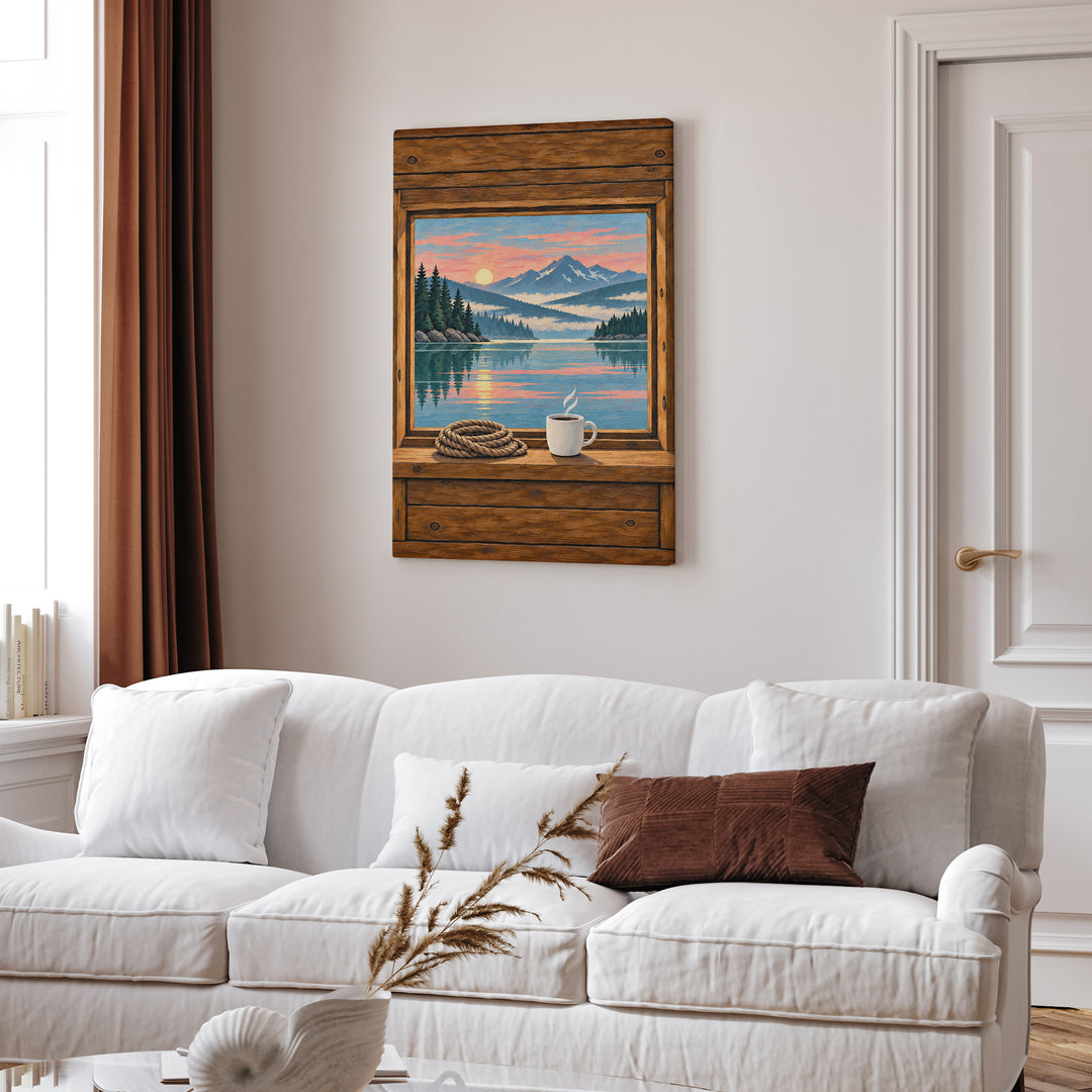 Lake Morning – Lake House Decor with an Open Portal Onto Still Water – Canvas Wall Art