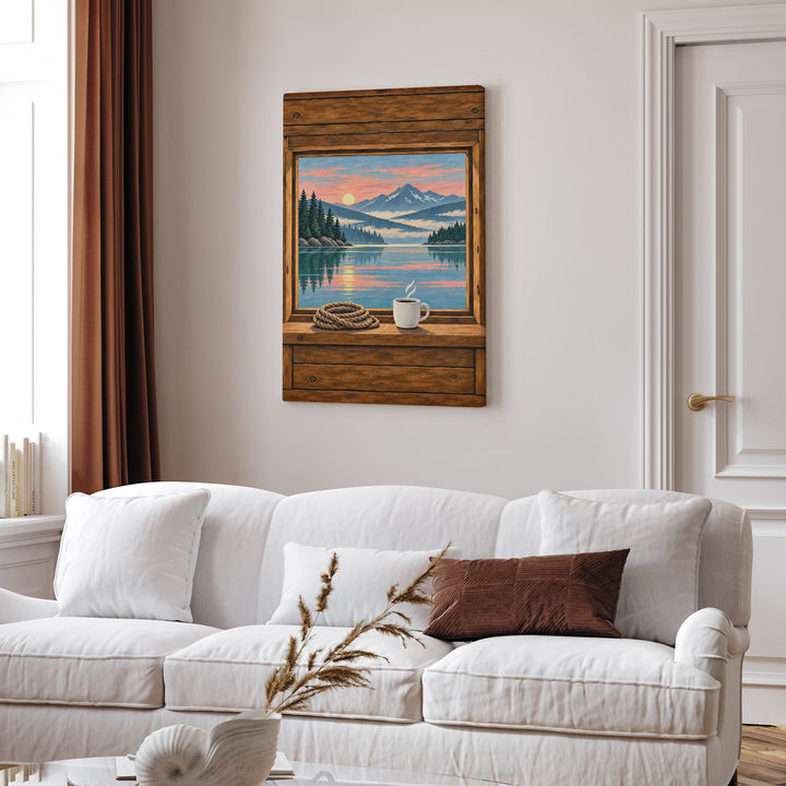 Lake Morning – Lake House Decor with an Open Portal Onto Still Water – Canvas / Framed Canvas