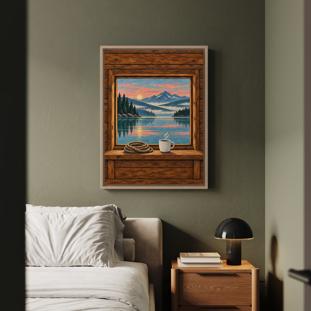 Lake Morning – Lake House Decor with an Open Portal Onto Still Water – Framed Canvas Wall Art