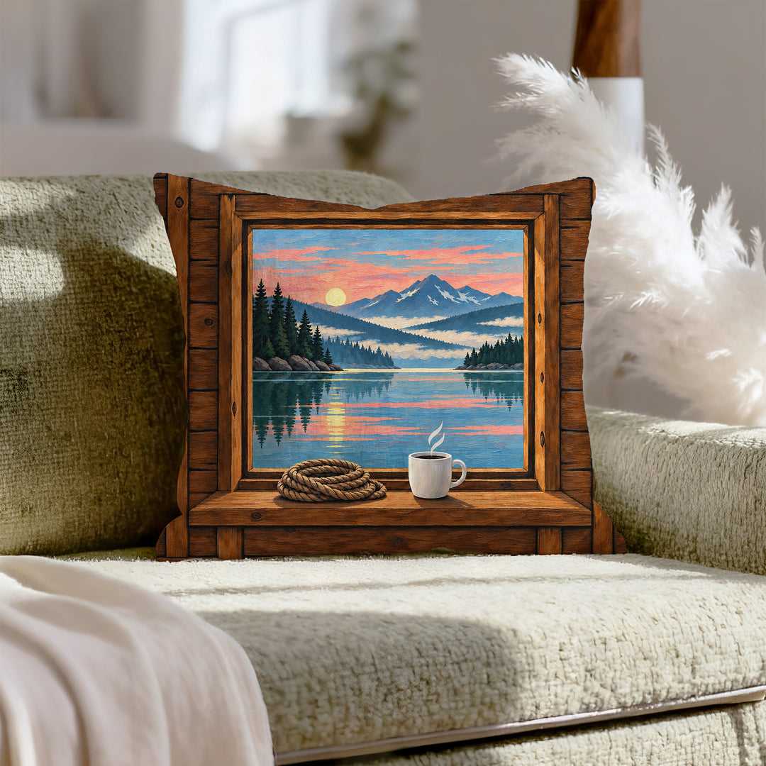 Lake Morning – Lake House Decor with an Open Portal Onto Still Water – Throw Pillow