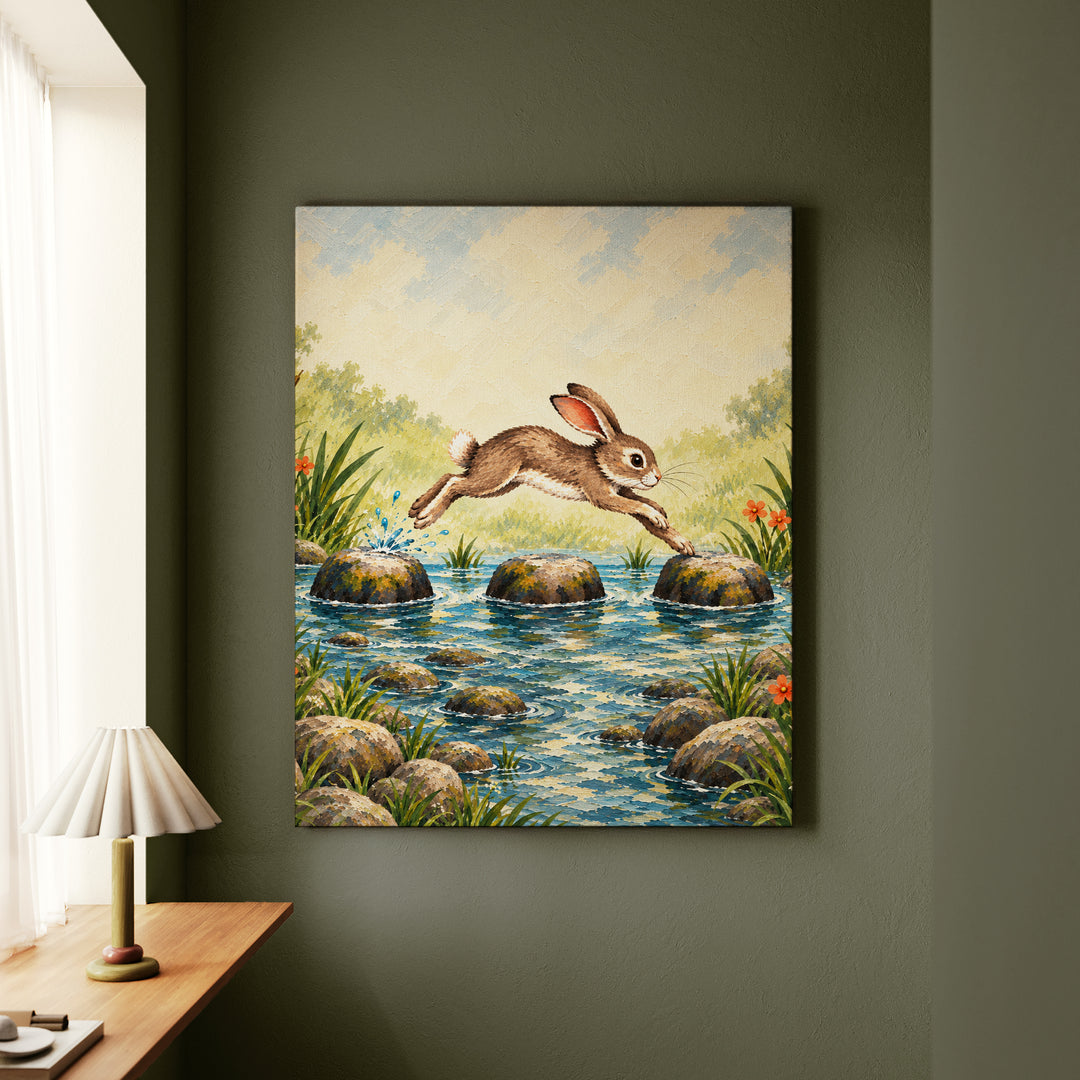 Stepping Stones – Nursery Wall Decor with a Playful Hare in Motion – Canvas