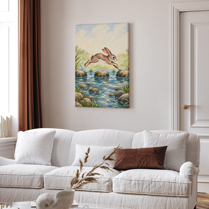 Stepping Stones – Nursery Wall Decor with a Playful Hare in Motion – Canvas / Framed Canvas