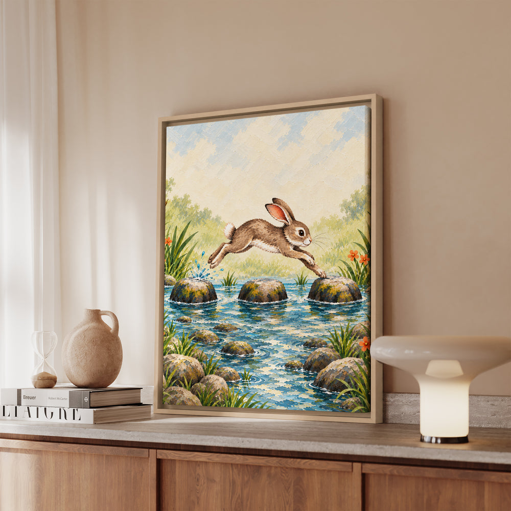 Stepping Stones – Nursery Wall Decor with a Playful Hare in Motion – Canvas / Framed Canvas