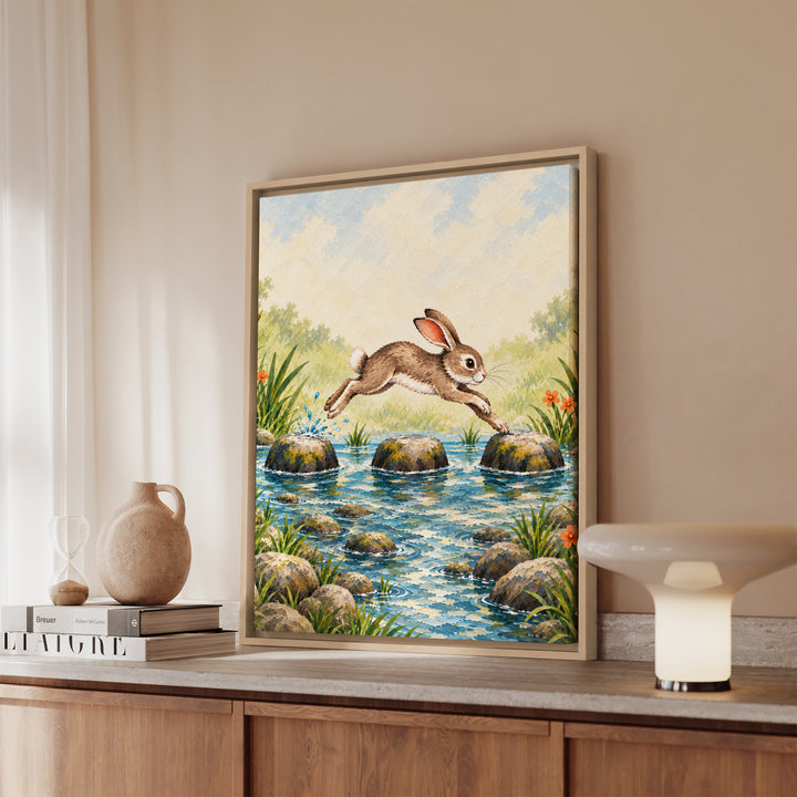 Stepping Stones – Nursery Wall Decor with a Playful Hare in Motion – Canvas / Framed Canvas