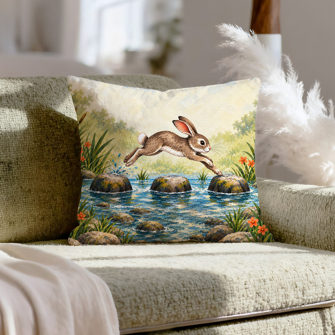 Stepping Stones – Nursery Decor with a Playful Hare in Motion – Throw Pillow