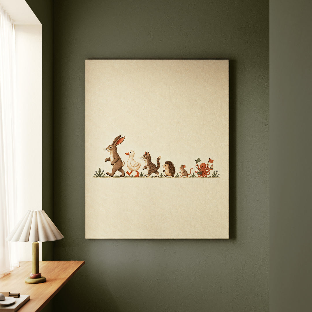 The Parade – Bunny Nursery Decor with a Size Ordered Animal March – Canvas / Framed Canvas