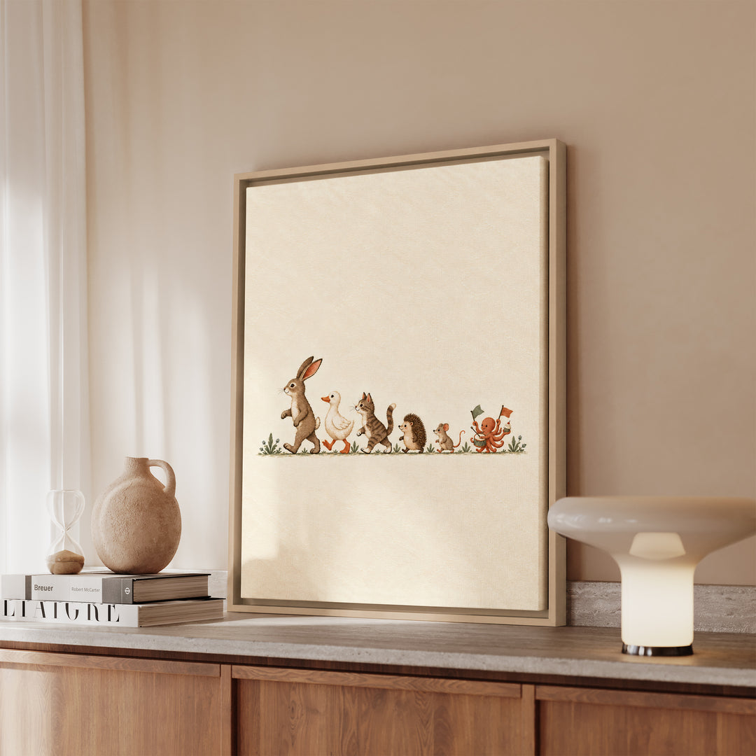 The Parade – Bunny Nursery Decor with a Size Ordered Animal March – Canvas / Framed Canvas