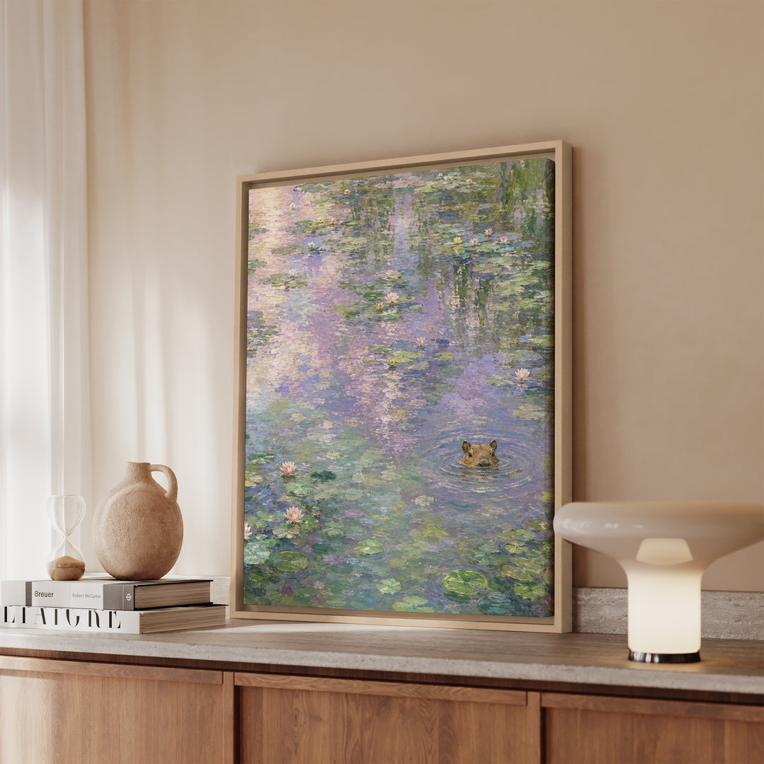 Pond Intruder – Impressionist Art with a Serene Water Lily Scene – Framed Canvas Wall Art