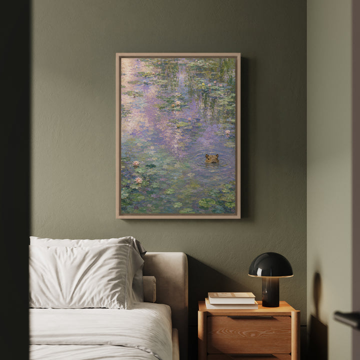 Pond Intruder – Impressionist Art with a Serene Water Lily Scene – Framed Canvas Wall Art