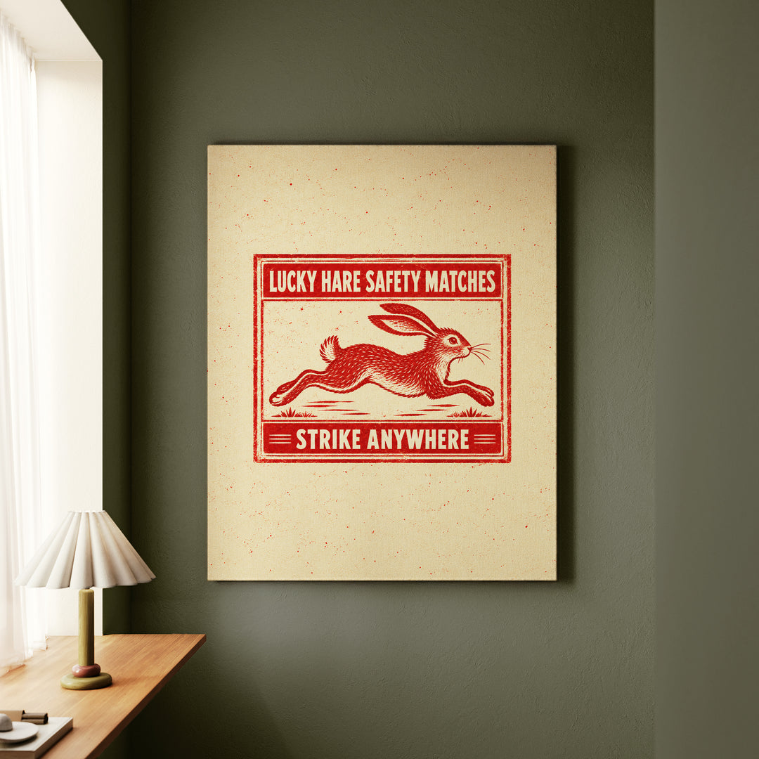 Lucky Hare Matches – Bunny Decor with a Faux Vintage Matchbox Label – Canvas Wall Art