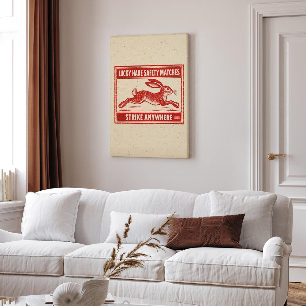 Lucky Hare Matches – Bunny Decor with a Faux Vintage Matchbox Label – Canvas Wall Art