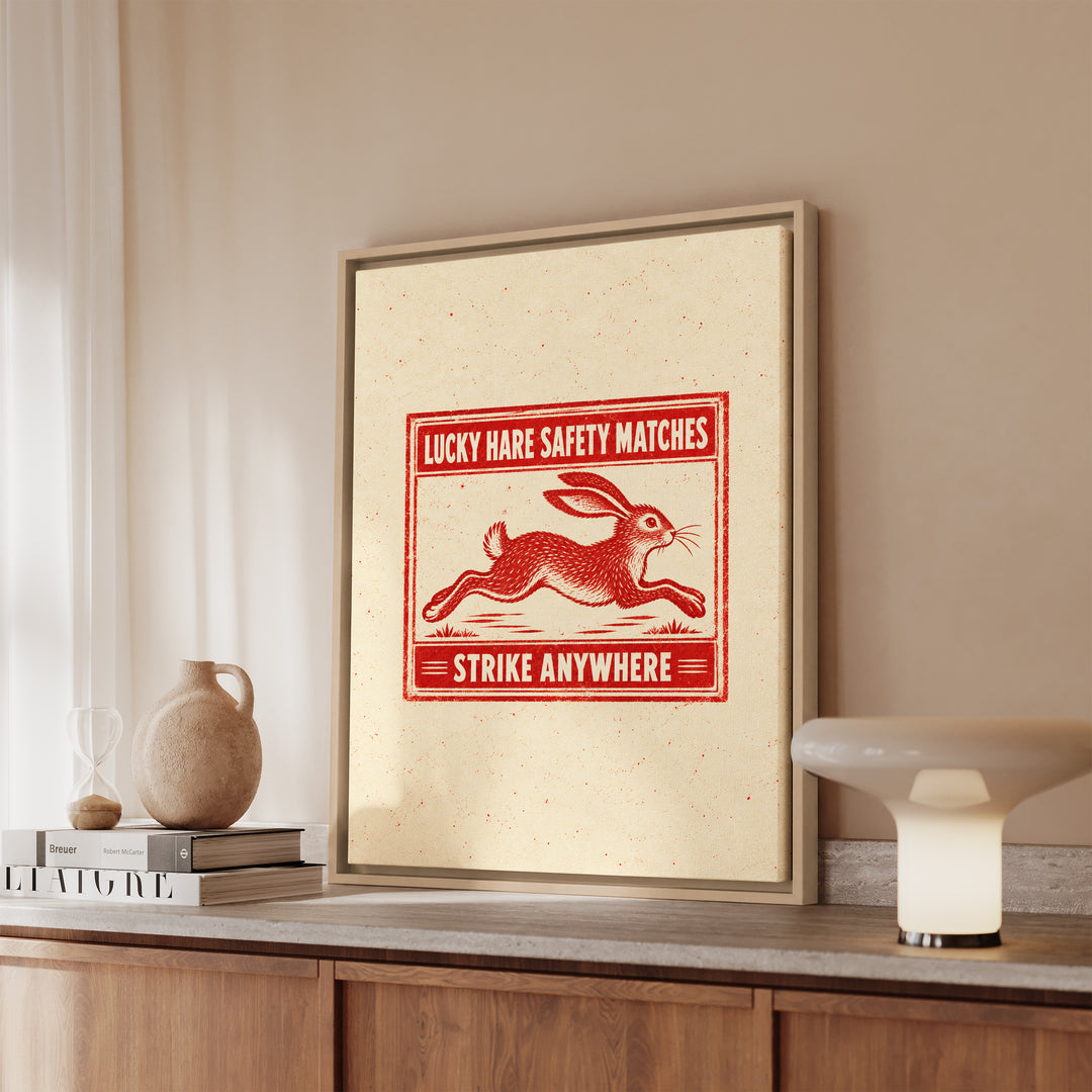 Lucky Hare Matches – Bunny Decor with a Faux Vintage Matchbox Label – Framed Canvas Wall Art