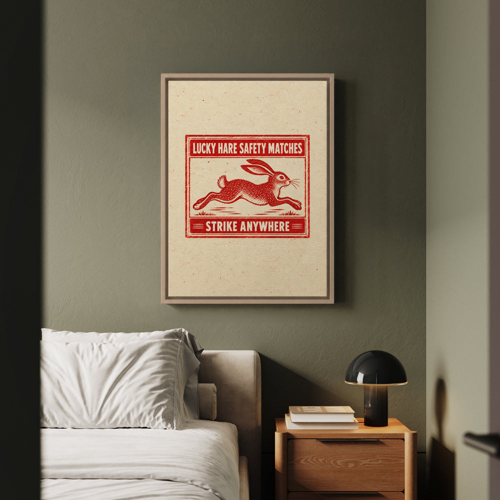 Lucky Hare Matches – Bunny Decor with a Faux Vintage Matchbox Label – Framed Canvas Wall Art