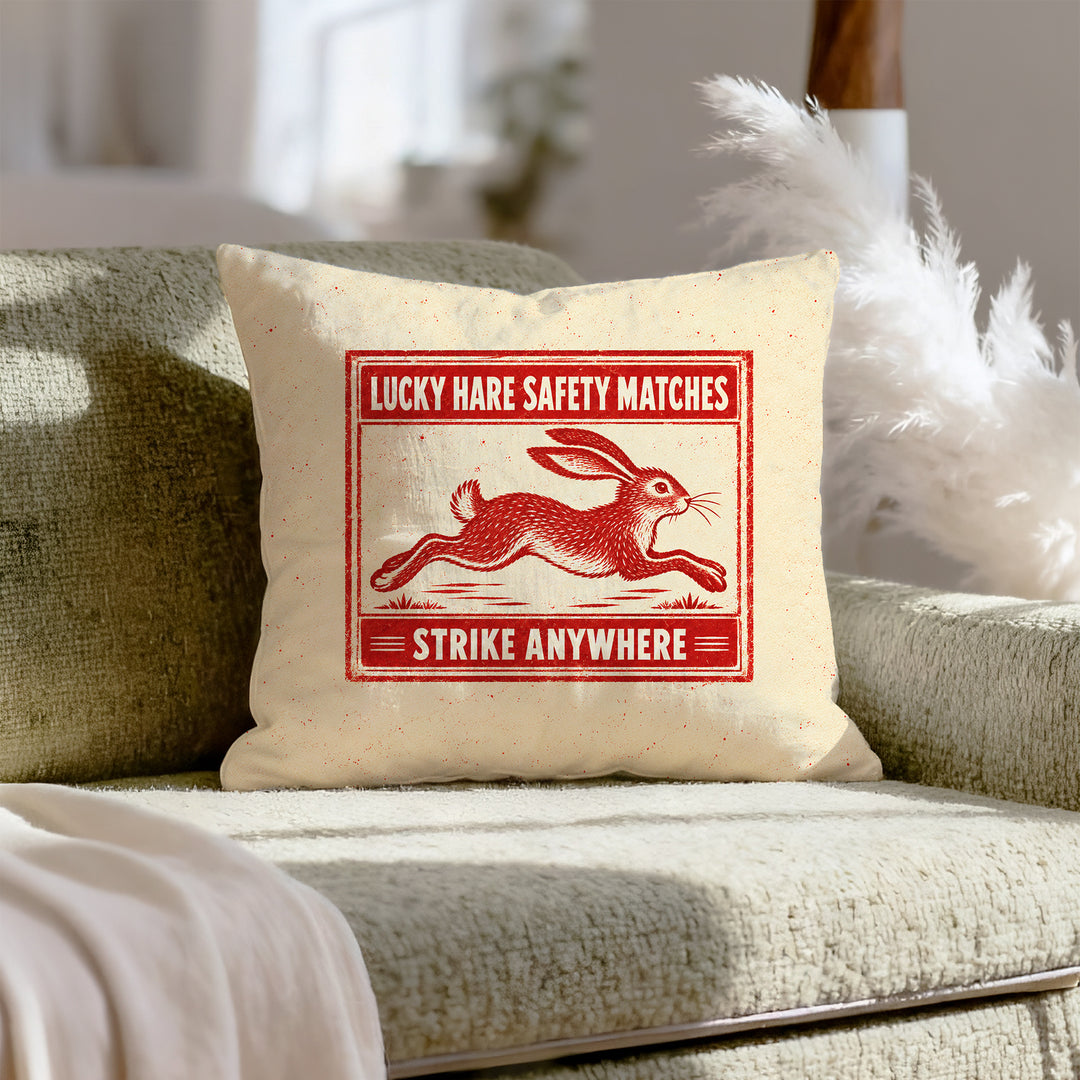 Lucky Hare Matches – Bunny Decor with a Faux Vintage Matchbox Label – Throw Pillow