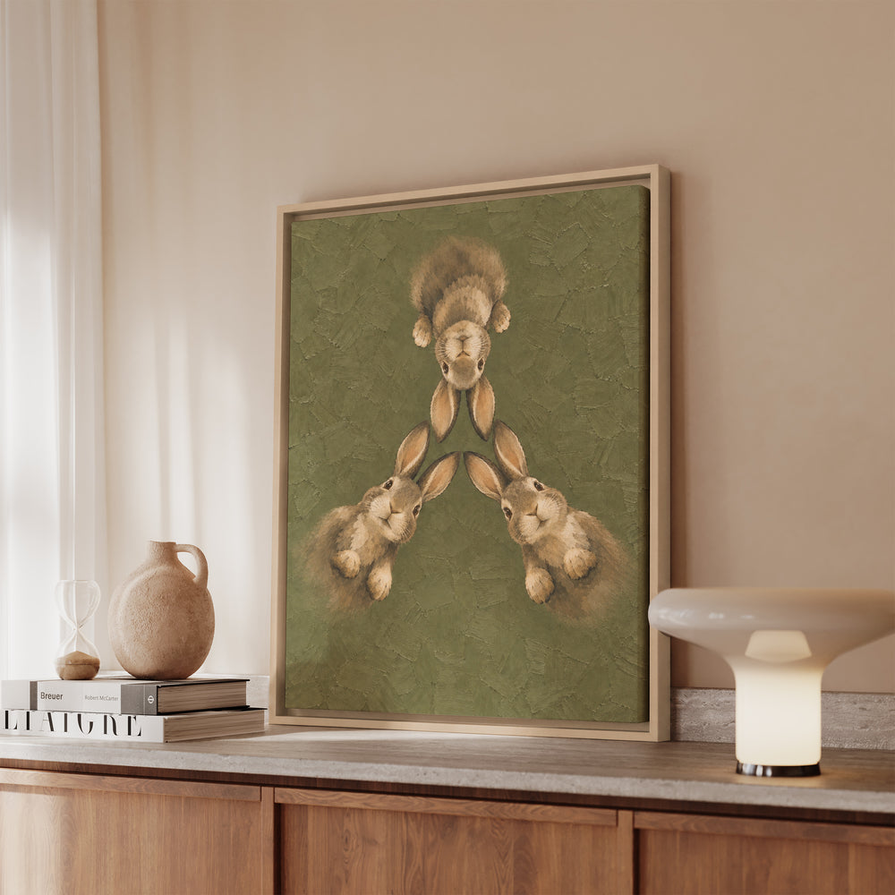 Quiet Warren POV – Bunny Bathroom Art with Ears Converging From Above – Canvas / Framed Canvas